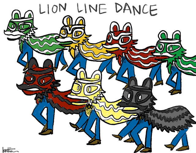 Back row: Zhao Yun, Huang Zhang, red lion (mario), green lion (luigi). Front row: Guan Yu, Liu Bei, Zhang Fei